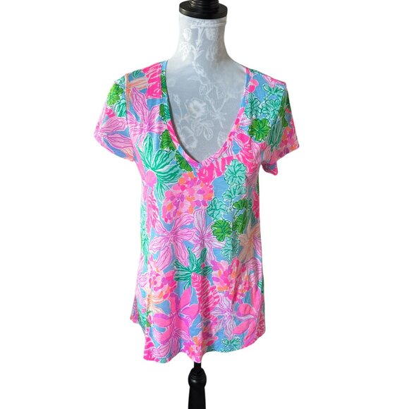 Lilly Pulitzer Etta V Neck Top Tshirt Floral Colorful Womens Casual Size Small - Picture 1 of 5